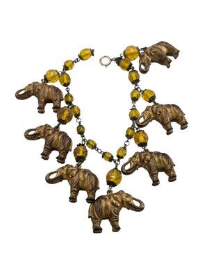 Vintage Crystal and Puffy Brass Elephants Bracelet (A9319)